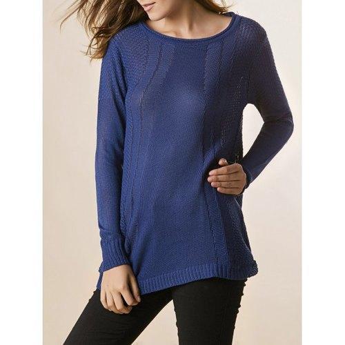 Loose Arc Hem Long Sleeve Round Collar Women's Sweater - Blue One Size