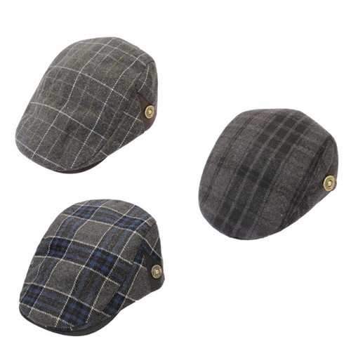 Men Male Wool Blend Newsboy Beret Cap Grid Blank Thick Flat Cowboy Cabbie Hat