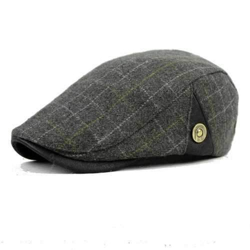 Men Male Wool Blend Newsboy Beret Cap Grid Blank Thick Flat Cowboy Cabbie Hat