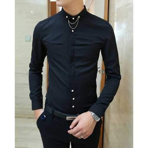Nightclub Turn-down Collar Solid Color Slimming Metal Chain Embellished Long Sleeves Men's Shirt - Black L