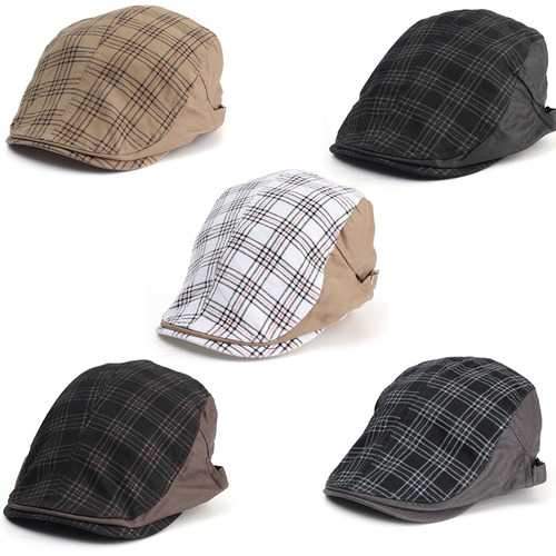 Men Male Cotton Blend Grid Newsboy Beret Hat Buckle Golf Flat Checked Buckle Cabbie Cap