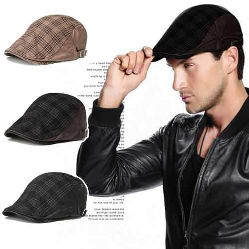 Men Male Cotton Blend Grid Newsboy Beret Hat Buckle Golf Flat Checked Buckle Cabbie Cap