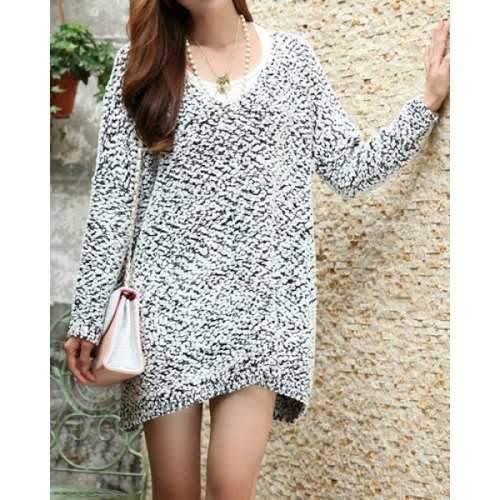 Stylish V-Neck Long Sleeve Loose-Fitting Sweater For Women - Gray One Size