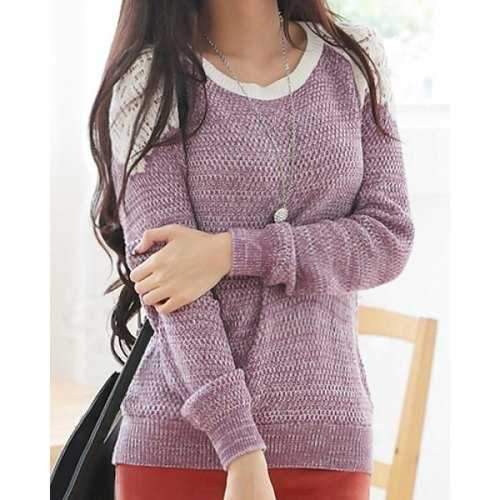 Casual Style Scoop Neck Long Sleeve Color Block Women's Sweater - Purple One Size