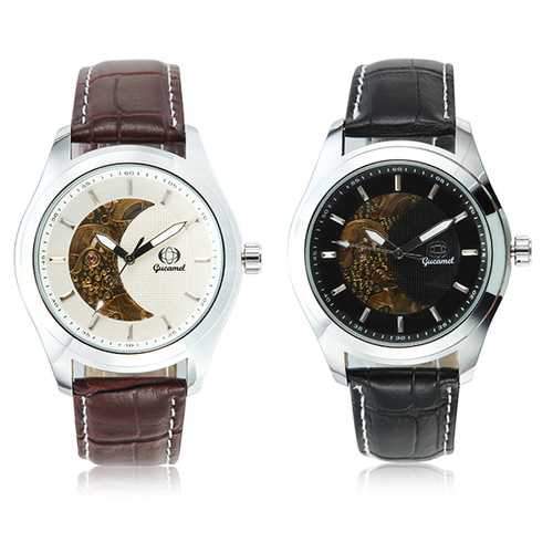 Gucamel CT02 Skeleton PU Leather Band Mechanical Men Watch