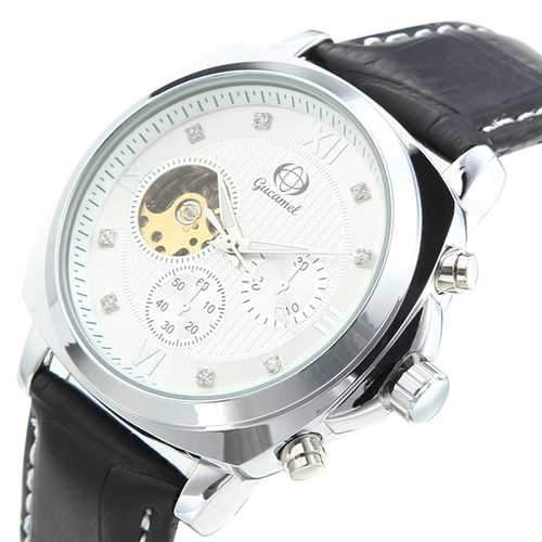 Gucamel GT04 Crystal PU Leather Band Mechanical Men Watch