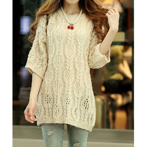 Stylish Jewel Neck Half Sleeves Hollow Out Solid Color Sweater For Women - Apricot One Size