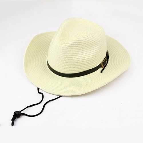 Unisex Straw Floppy Wide Brim Sun Hat Cowboy Cap Fedora Beach Belt Panama Hats With String
