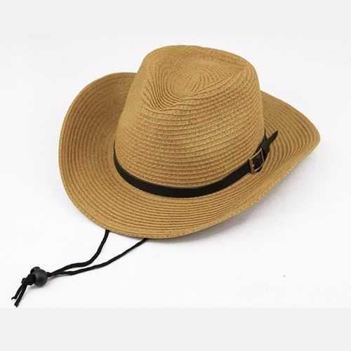 Unisex Straw Floppy Wide Brim Sun Hat Cowboy Cap Fedora Beach Belt Panama Hats With String