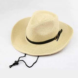 Unisex Straw Floppy Wide Brim Sun Hat Cowboy Cap Fedora Beach Belt Panama Hats With String