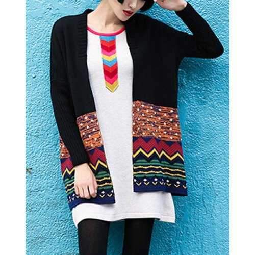 Fashionable Jacquard Knitted Loose Long Sleeve Women's Cardigan - Black M
