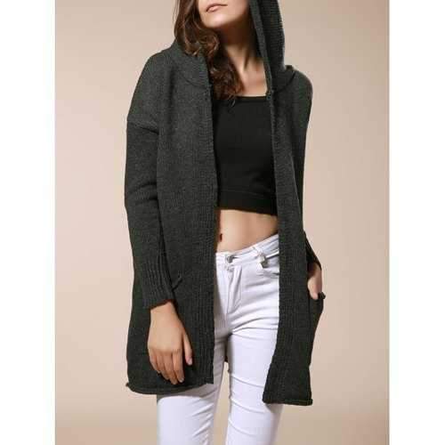 Long Sleeve Pockets Hooded Knit Cardigan - Olive Green One Size