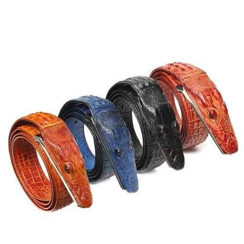 Men Alligator Crocodile Skin Imitation Second Floor Cowhide Leather Alloy Adjustable Buckle Belt