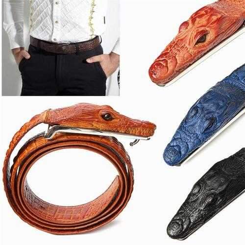 Men Alligator Crocodile Skin Imitation Second Floor Cowhide Leather Alloy Adjustable Buckle Belt
