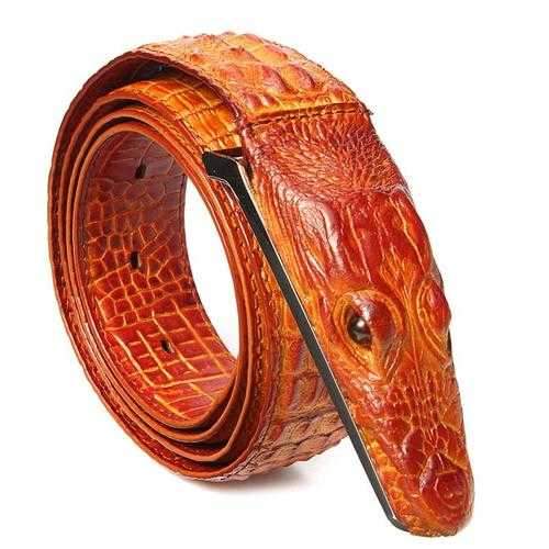 Men Alligator Crocodile Skin Imitation Second Floor Cowhide Leather Alloy Adjustable Buckle Belt