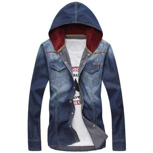 Stylish Hooded Slimming Double Pockets Fabric Splicing Long Sleeve Denim Shirt For Men - Deep Blue 2xl
