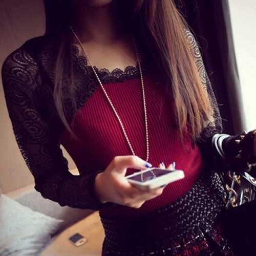 Stylish Scoop Neck Long Sleeves Lace Splicing Sweater For Women - Wine Red One Size(fit Size Xs To M)