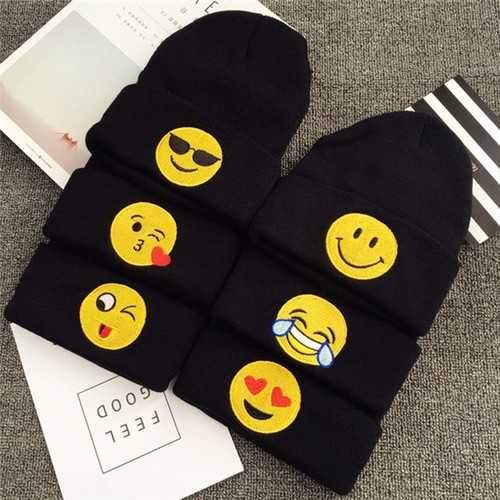 Unisex Emoji Embroidery Knitted Slouch Beanie Hat Sport Outdoor Elastic Cap