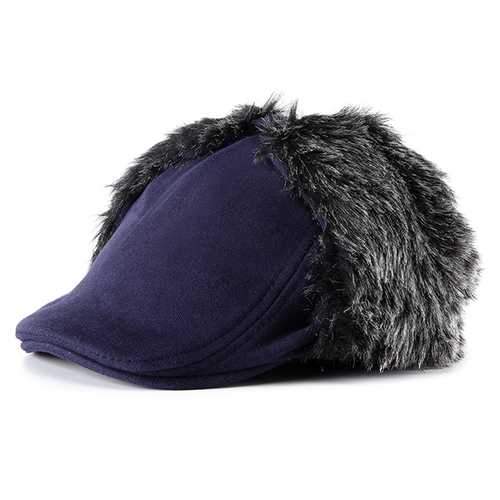Unisex Men Women Earflap Ear Muff Cotton Blend Faux Fur Plush Linen Beret Cap Windproof Cycling Hat