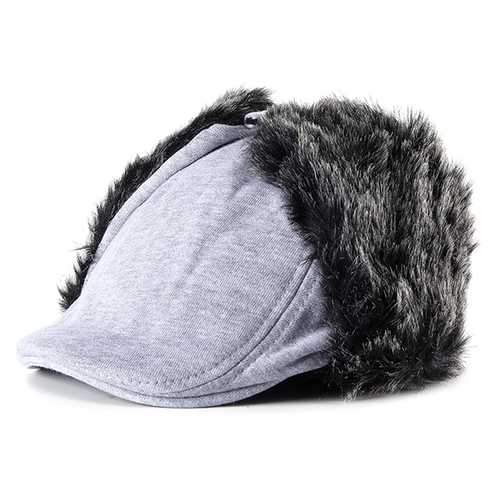 Unisex Men Women Earflap Ear Muff Cotton Blend Faux Fur Plush Linen Beret Cap Windproof Cycling Hat