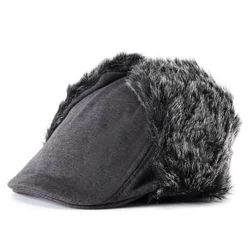 Unisex Men Women Earflap Ear Muff Cotton Blend Faux Fur Plush Linen Beret Cap Windproof Cycling Hat