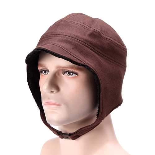 Unisex Men Women Earflap Ear Muff Cotton Blend Faux Fur Plush Linen Beret Cap Buckle Cycling Hat
