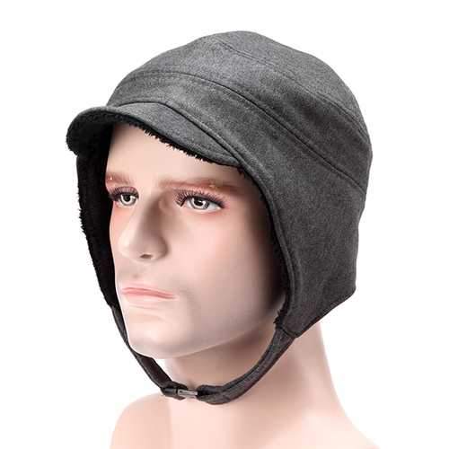 Unisex Men Women Earflap Ear Muff Cotton Blend Faux Fur Plush Linen Beret Cap Buckle Cycling Hat