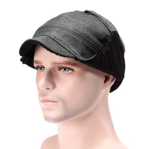 Unisex Men Women Earflap Ear Muff Cotton Blend Faux Fur Plush Linen Beret Cap Buckle Cycling Hat
