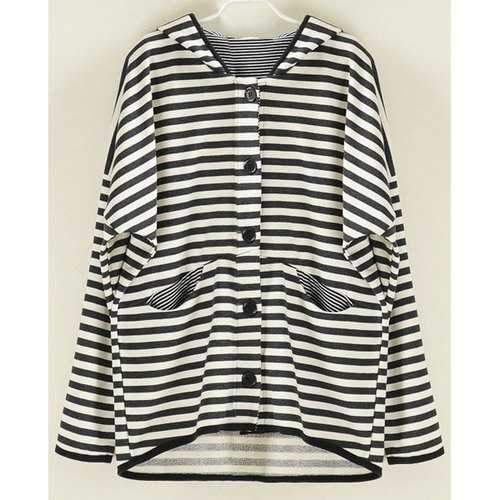 Casual Striped Single-Breasted Long Sleeve Women's Hoodie - Blue One Size(fit Size Xs To M)