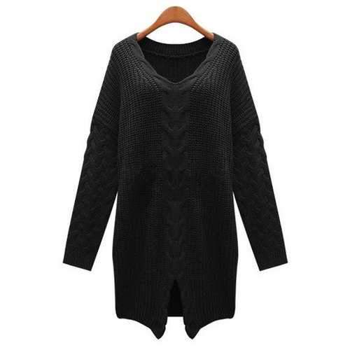 Retro Style V-Neck Long Sleeve Cable-Knit Solid Color Sweater For Women - Black One Size(fit Size Xs To M)