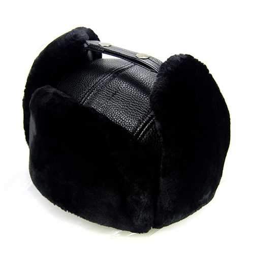 Unisex PU Leather Earflap Ear Muff Hat Faux Fur Plush Linen Buckle Pilot Trapper Cap