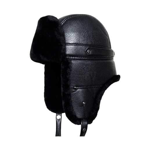 Unisex PU Leather Earflap Ear Muff Hat Faux Fur Plush Linen Buckle Pilot Trapper Cap