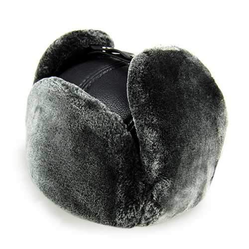 Unisex PU Leather Earflap Ear Muff Hat Faux Fur Plush Linen Buckle Pilot Trapper Cap