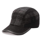Unisex Woolen Earflap Ear Muffs Baseball Cap Adjustable Grid Fleece Lining Golf Outdoor Hat