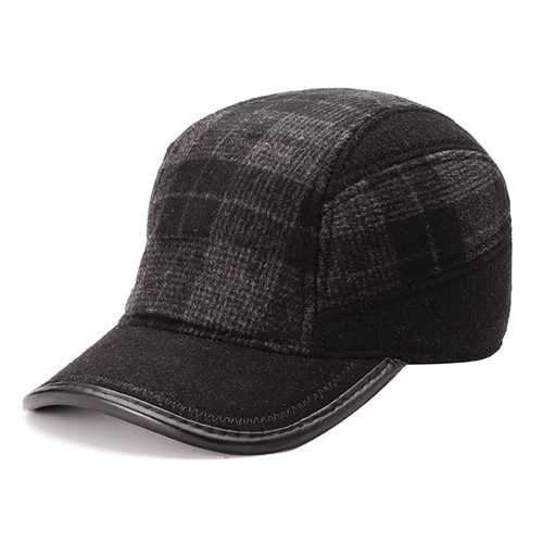 Unisex Woolen Earflap Ear Muffs Baseball Cap Adjustable Grid Fleece Lining Golf Outdoor Hat