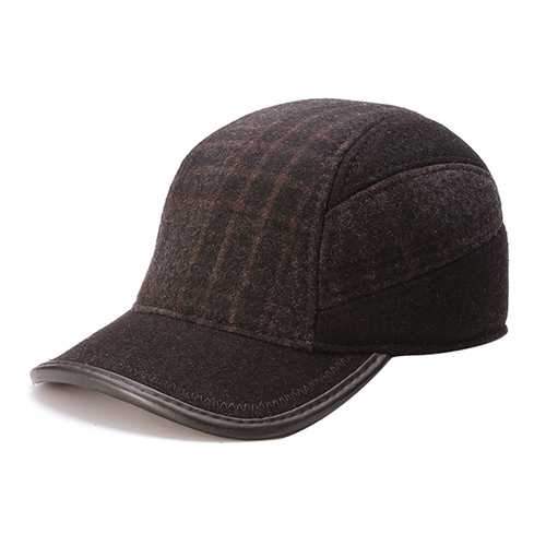 Unisex Woolen Earflap Ear Muffs Baseball Cap Adjustable Grid Fleece Lining Golf Outdoor Hat