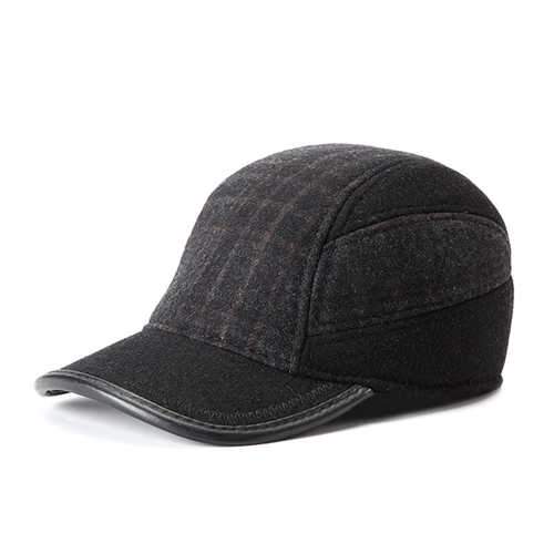 Unisex Woolen Earflap Ear Muffs Baseball Cap Adjustable Grid Fleece Lining Golf Outdoor Hat
