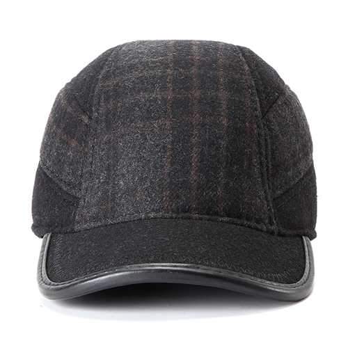 Unisex Woolen Earflap Ear Muffs Baseball Cap Adjustable Grid Fleece Lining Golf Outdoor Hat