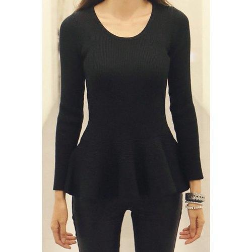 Trendy Style Scoop Neck Solid Color Ruffles Knitted Long Sleeve Women's Sweater - Black One Size(fit Size Xs To M)