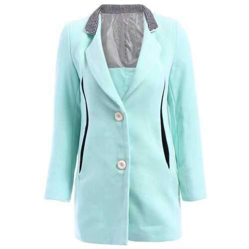Trendy Style Lapel Neck Long Sleeve Houndstooth Splicing Worsted Women's Coat - Azure S