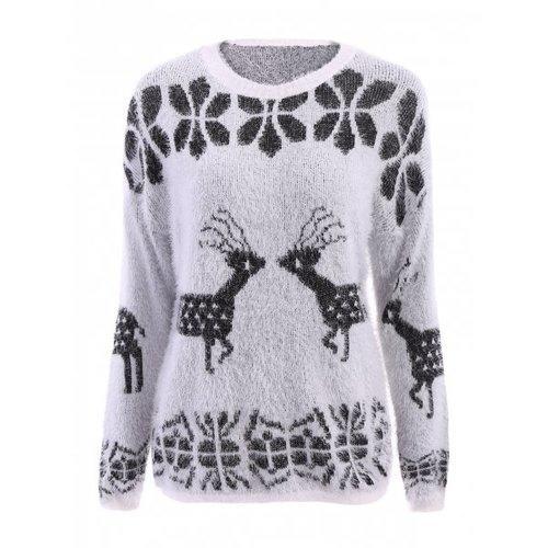 Stylish Scoop Neck Deer Pattern Long Sleeve Women's Christmas Sweater - White One Size(fit Size Xs To M)