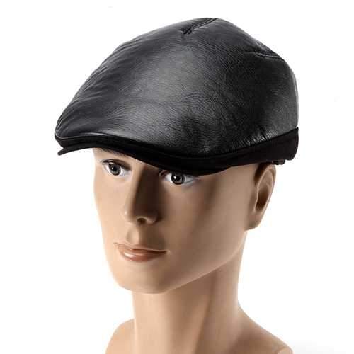 Unisex Sheepskin Leather Earflap Ear Muff Beret Hat Velvet Imitation Linen Flat Cowboy Cabbie Hat