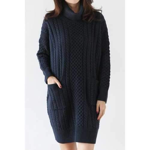 Stylish Turtleneck Solid Color Long Sleeves Pocket Sweater Dress For Women - One Size(fit Size Xs To M)