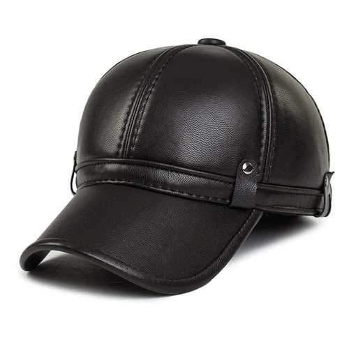 Unisex PU Leather Earflap Ear Muffs Baseball Cap Black Brown Adjustable Golf Outdoor Hat