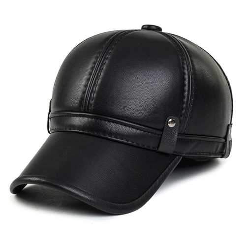 Unisex PU Leather Earflap Ear Muffs Baseball Cap Black Brown Adjustable Golf Outdoor Hat