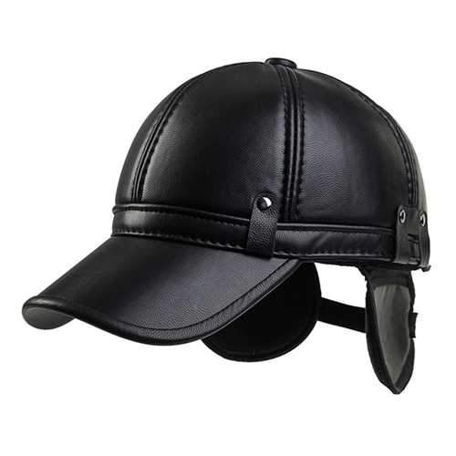 Unisex PU Leather Earflap Ear Muffs Baseball Cap Black Brown Adjustable Golf Outdoor Hat