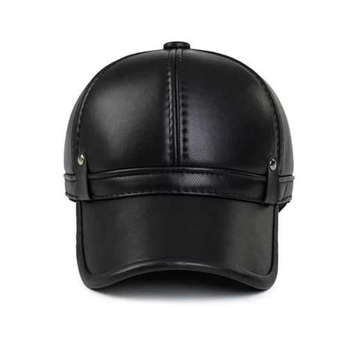 Unisex PU Leather Earflap Ear Muffs Baseball Cap Black Brown Adjustable Golf Outdoor Hat