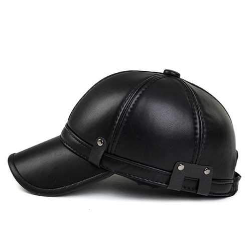 Unisex PU Leather Earflap Ear Muffs Baseball Cap Black Brown Adjustable Golf Outdoor Hat