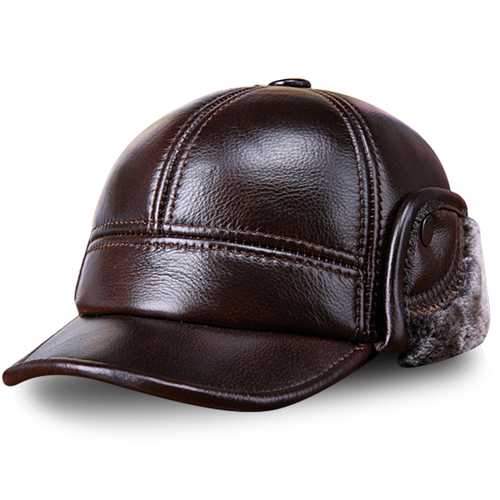 Unisex Cowhide Genuine Leather Earflaps Ear Muff Baseball Hat Velvet Linen Pilot Trapper Cap