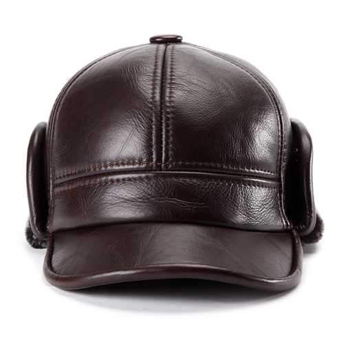 Unisex Cowhide Genuine Leather Earflaps Ear Muff Baseball Hat Velvet Linen Pilot Trapper Cap